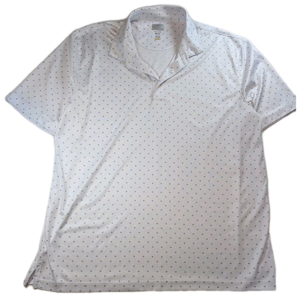 Gymshark Men XXL White Blue Dot All over Print Performance Polo Shirt Sport Luxe